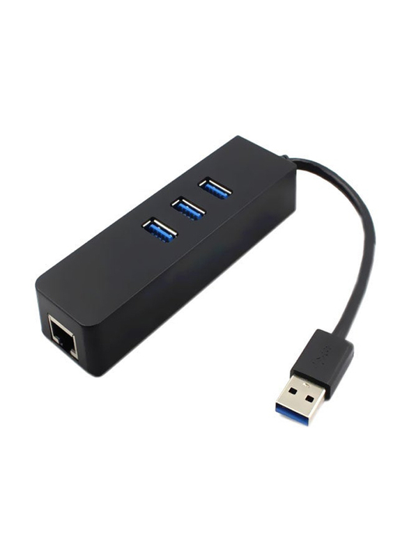 3-Port USB Hub With Ethernet Adapter, Black/Blue/Silver