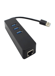 3-Port USB Hub With Ethernet Adapter, Black/Blue/Silver